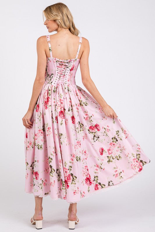 Floral Print Lace Trim Sleeveless Long Dress