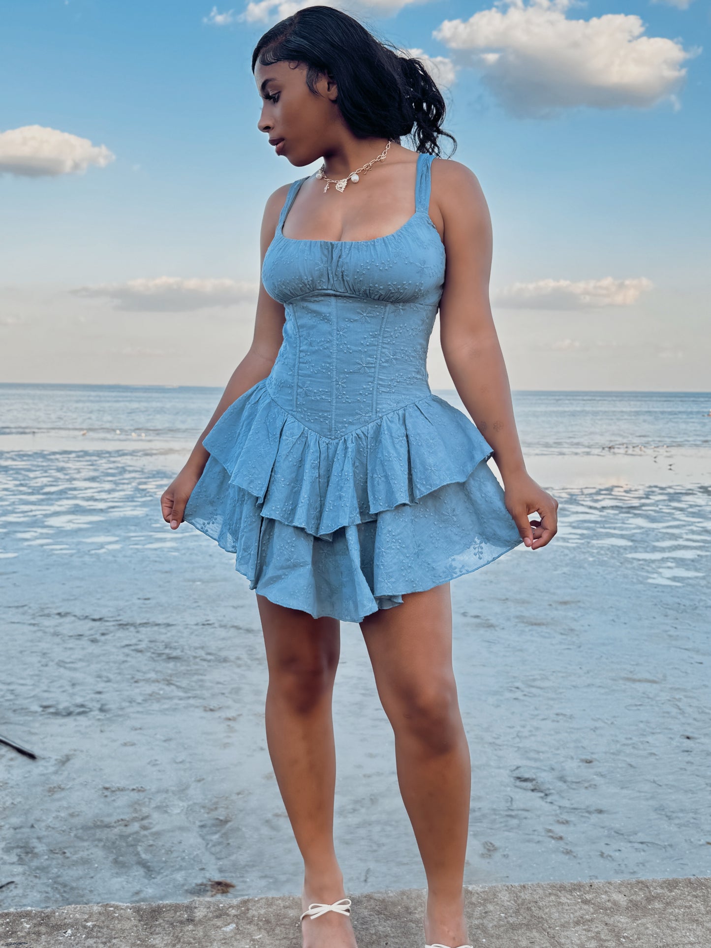Cotton Eyelet Ruched Bust Mini Dress with Triangular Shoulder Straps and Waist Wire