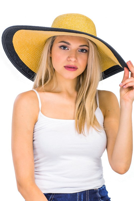 Beige With Blue Stripe Trim Wide Floppy Sun Hat