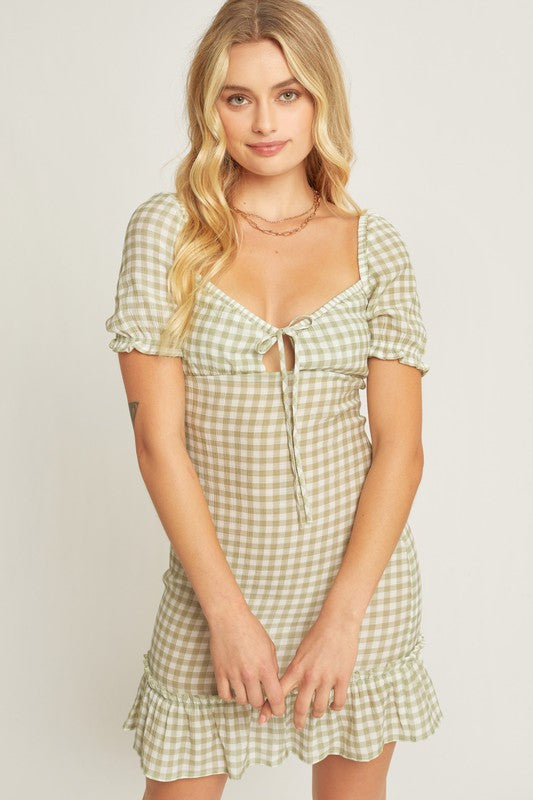 Checker Printed Front Tie Gingham Ruffle Dress