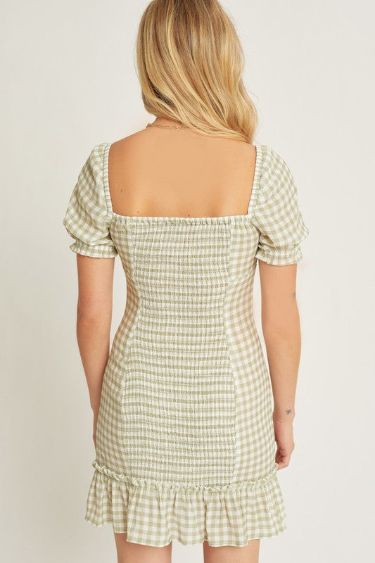 Checker Printed Front Tie Gingham Ruffle Dress