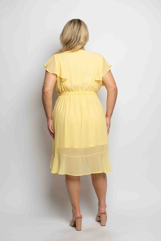 Plus Size Yellow V-Neck Tie Waist Flutter Sleeve Mini Dress