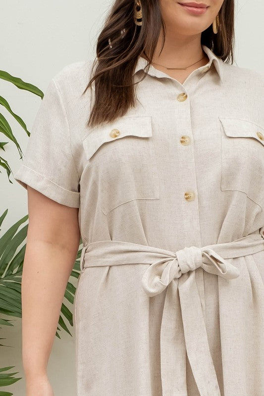 Plus Size Tan Collared Button Down Belted Mini Dress