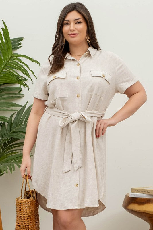 Plus Size Tan Collared Button Down Belted Mini Dress