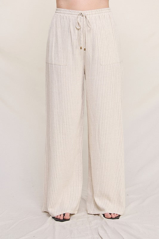 Plus Size Striped Linen Smock Waist Pants with Pockets