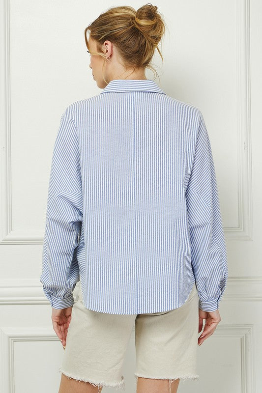 Navy Stripped Long-Sleeved Button Shirt