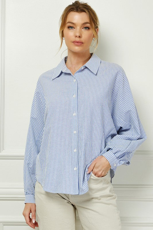 Navy Stripped Long-Sleeved Button Shirt