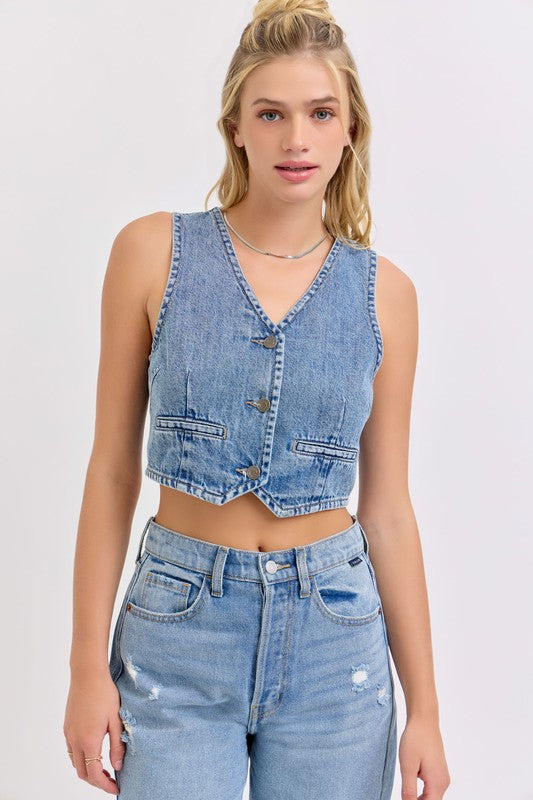 Cropped Tailored Stripe Denim Vest