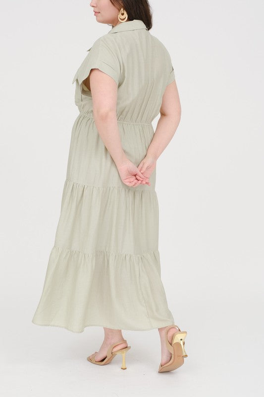 Plus Size Light Olive Collared Short Cuff Sleeve Tiered Midi Dress