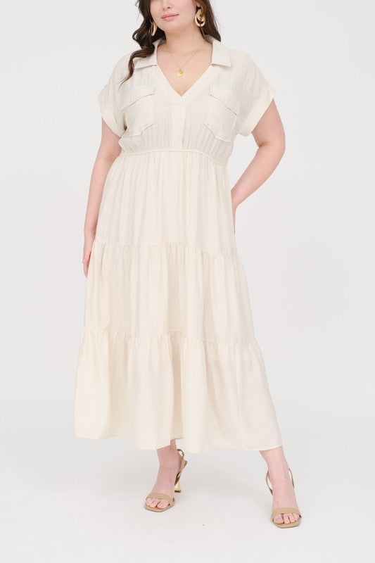 Plus Size Tan Collared Short Cuff Sleeve Tiered Midi Dress