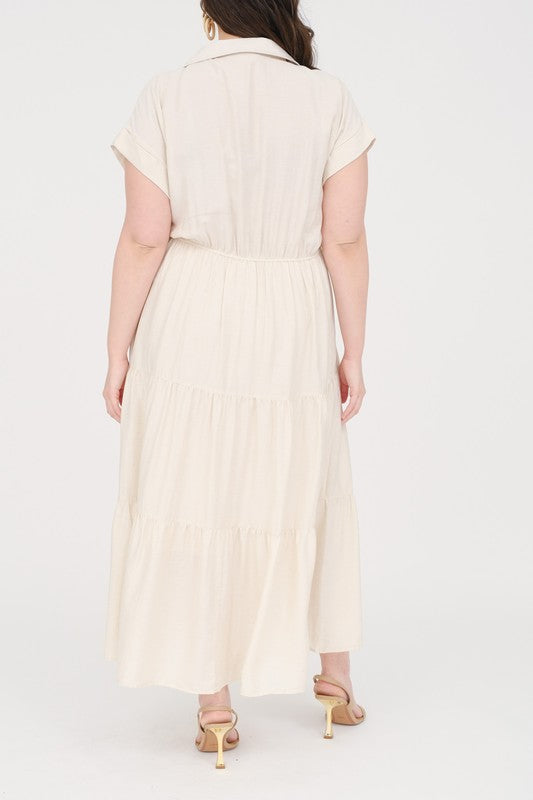 Plus Size Tan Collared Short Cuff Sleeve Tiered Midi Dress