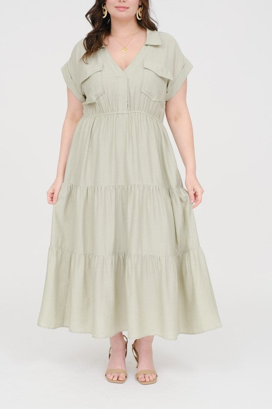 Plus Size Light Olive Collared Short Cuff Sleeve Tiered Midi Dress