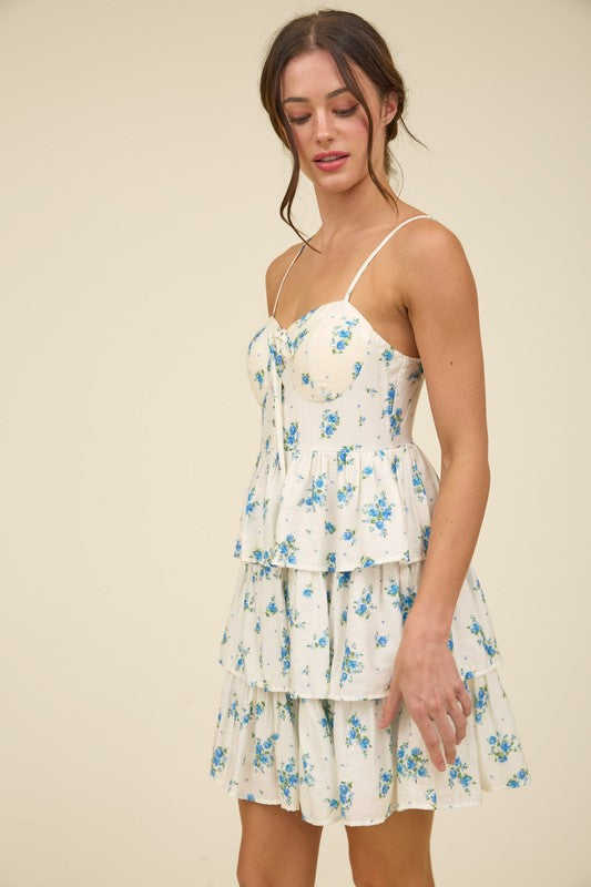 Bluedress Floral Front Lace-Up Ruffle Tiered Mini Dress