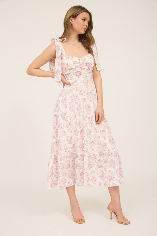 Pink and White Floral Tie Strap Ruched Detail Maxi Dress
