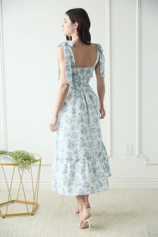 Blue and White Floral Tie Strap Ruched Detail Maxi Dress