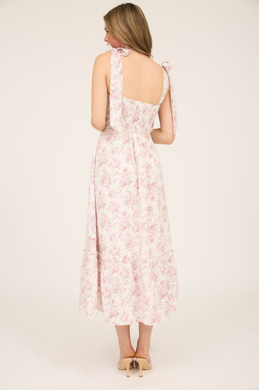 Pink and White Floral Tie Strap Ruched Detail Maxi Dress