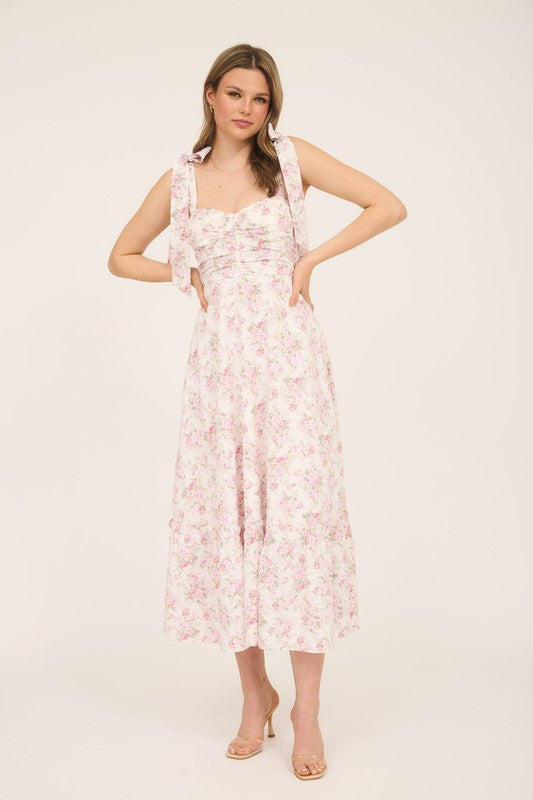 Pink and White Floral Tie Strap Ruched Detail Maxi Dress