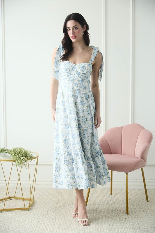 Blue and White Floral Tie Strap Ruched Detail Maxi Dress
