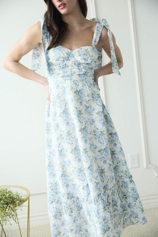 Blue and White Floral Tie Strap Ruched Detail Maxi Dress