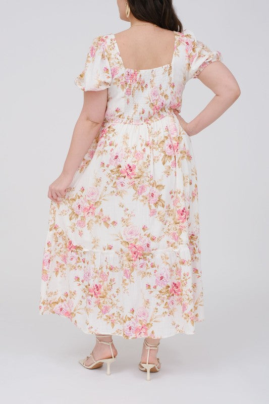 Plus Size Pink Floral Print Puff Sleeve Ruffle Midi Dress