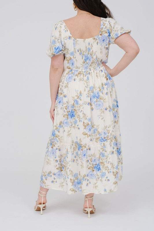 Plus Size Blue Floral Print Puff Sleeve Ruffle Midi Dress