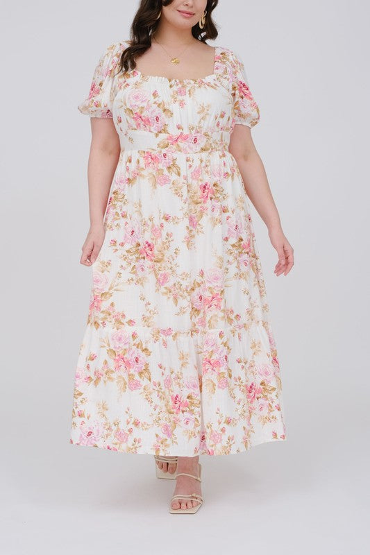 Plus Size Pink Floral Print Puff Sleeve Ruffle Midi Dress