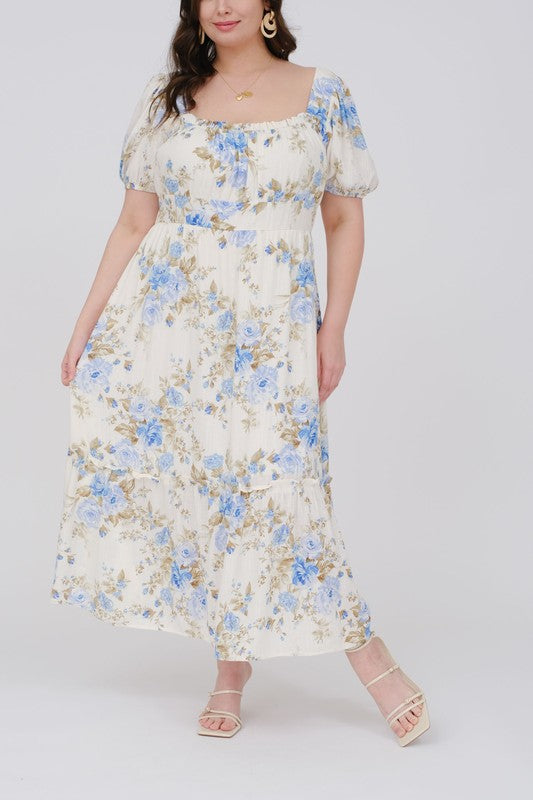 Plus Size Blue Floral Print Puff Sleeve Ruffle Midi Dress