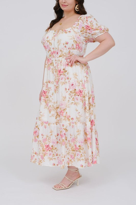 Plus Size Pink Floral Print Puff Sleeve Ruffle Midi Dress