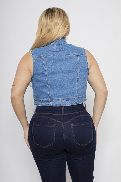 Plus Size Cropped Distressed Denim Vest