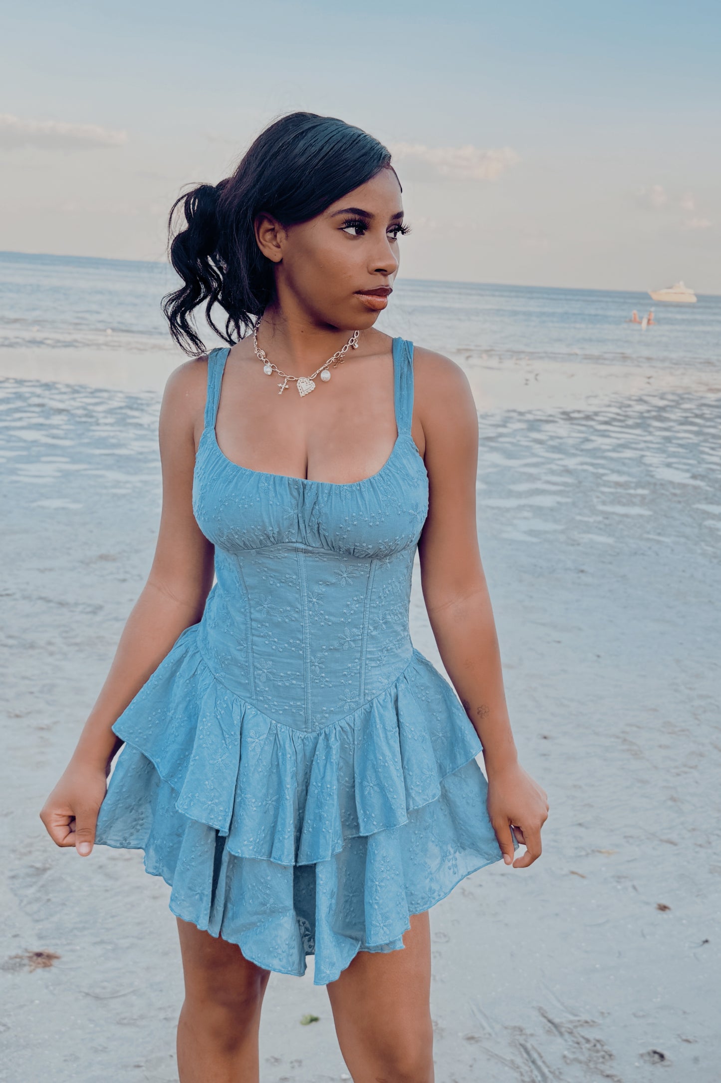 Cotton Eyelet Ruched Bust Mini Dress with Triangular Shoulder Straps and Waist Wire
