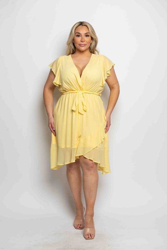 Plus Size Yellow V-Neck Tie Waist Flutter Sleeve Mini Dress
