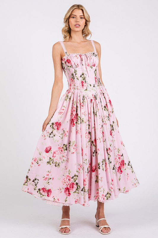 Floral Print Lace Trim Sleeveless Long Dress
