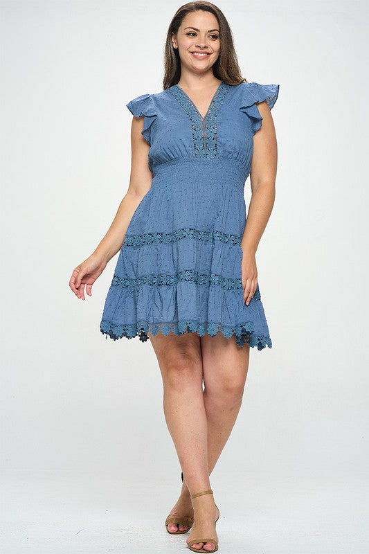 Plus Size Blue Crochet Lace Trim Smocked Waist Flutter Sleeve Tiered Mini Dress