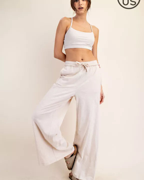 Plus Size Beige Cotton Slub Lounging Wide Pant