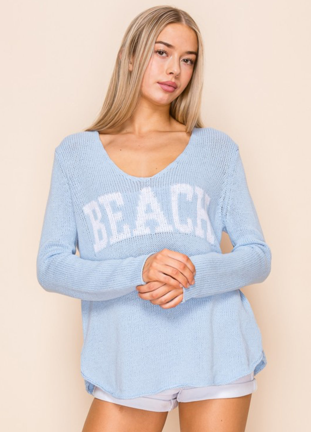 Lightweight Baby Blue Beach Knit V-Neck Sweater Top