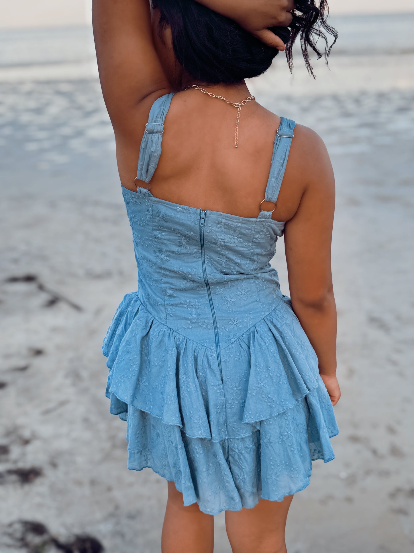 Cotton Eyelet Ruched Bust Mini Dress with Triangular Shoulder Straps and Waist Wire