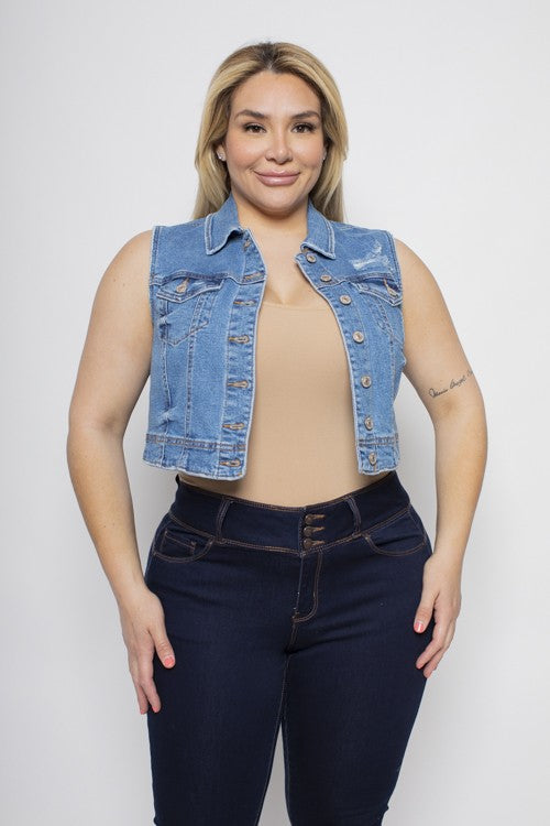 Plus Size Cropped Distressed Denim Vest