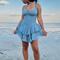 Cotton Eyelet Ruched Bust Mini Dress with Triangular Shoulder Straps and Waist Wire