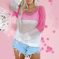 Pink Color Block Eyelet Long Sleeve Twisted Back Knit Top