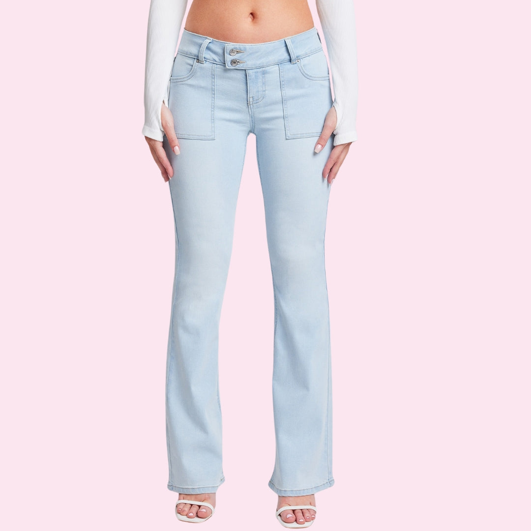 Junior low rise flare jeans with flap back pocket, featuring a trendy flare leg and stylish low-rise waist, perfect for casual and fashionable looks.