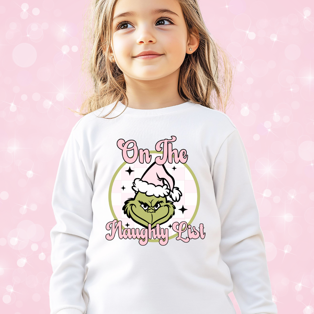 White On The Naughty List Grinch Crewneck Graphic Christmas Sweatshirt