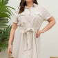 Plus Size Tan Collared Button Down Belted Mini Dress