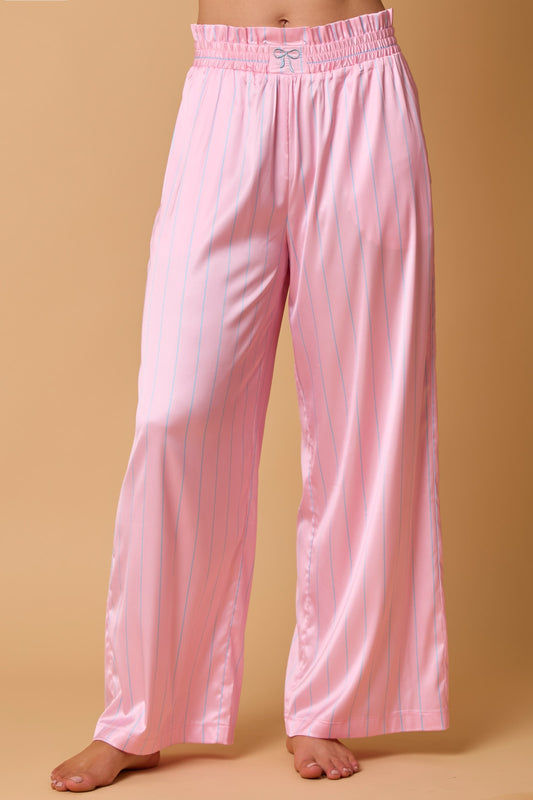 Pink Satin Stripe Pajama Pants with Bow Embroidery – Elegant and Comfortable Loungewear