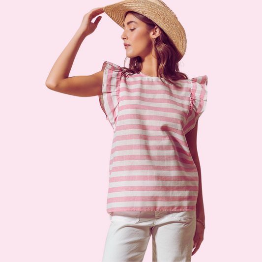 Stylish striped flutter ruffle blouse top, featuring feminine ruffle details, perfect for upgrading any wardrobe with a versatile, on-trend piece. Made from high-quality materials, offering comfort and style for any occasion.