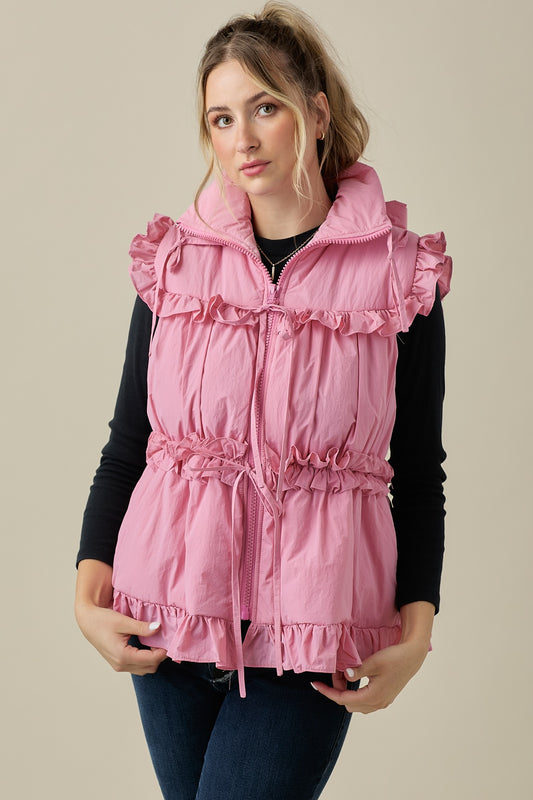 Pink Puffer Vest With Bow Detail