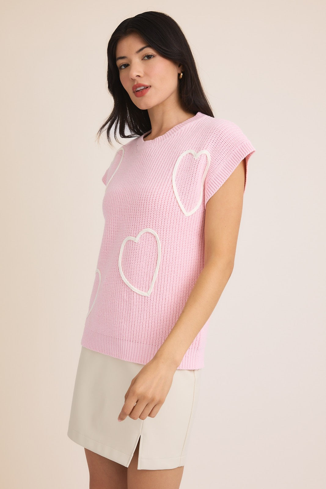 BABY PINK ROUND NECK WIDE SHOULDER SWEATER  WITH 3D HEARTS