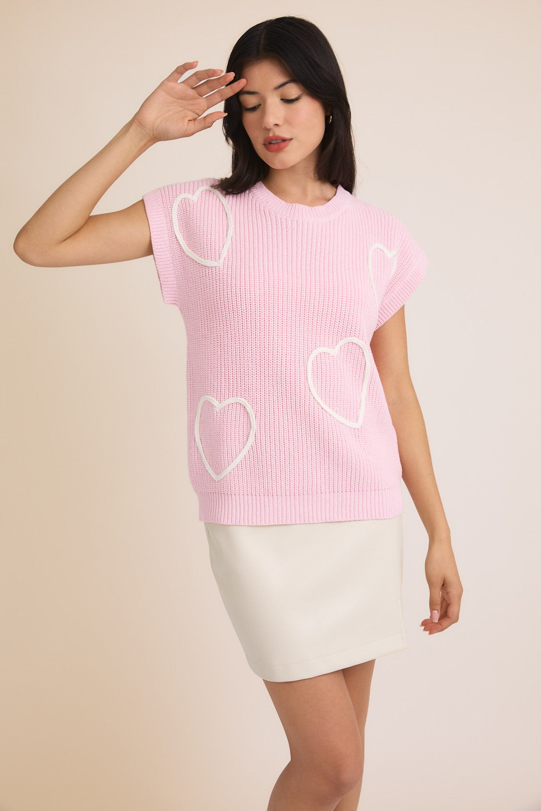 BABY PINK ROUND NECK WIDE SHOULDER SWEATER  WITH 3D HEARTS