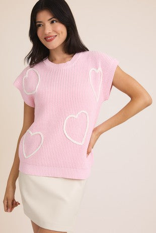 BABY PINK ROUND NECK WIDE SHOULDER SWEATER  WITH 3D HEARTS