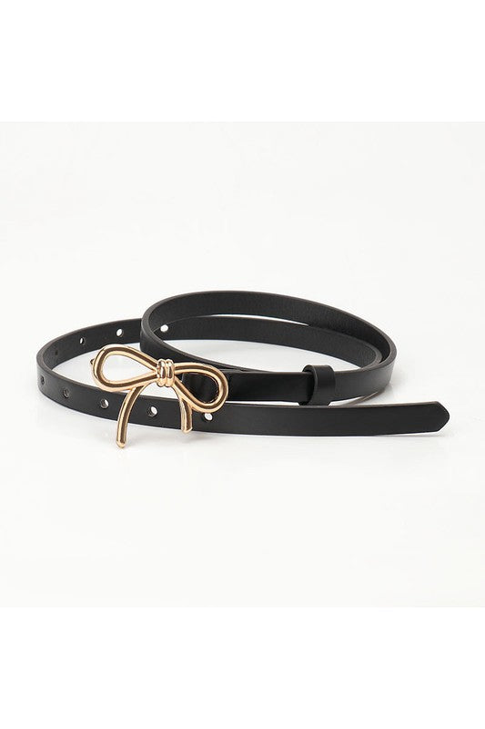 Black Bow Buckle Decor Thin PU Belt – Stylish Adjustable Belt with Gold Bow Buckle for Chic Everyday Looks