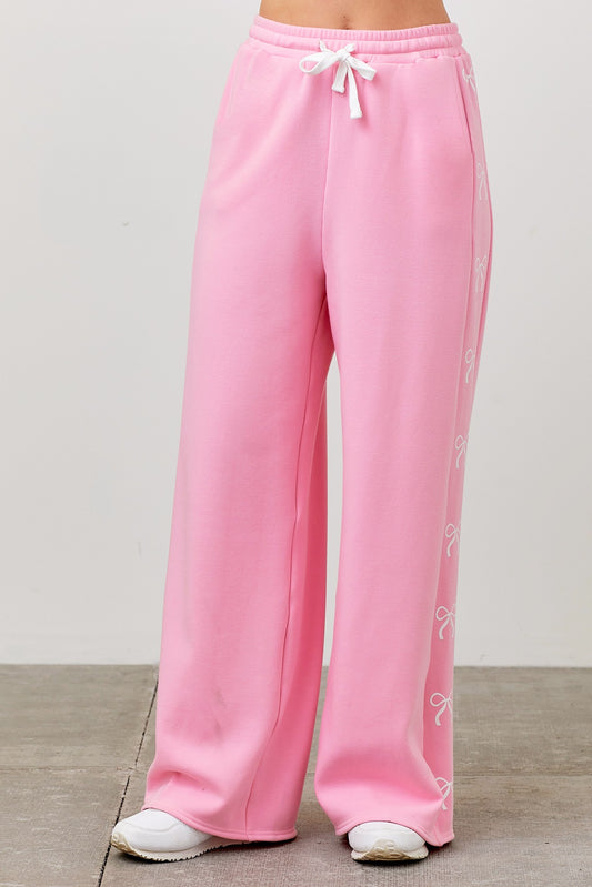 Wide Leg Fleece Pant with Printed Ribbon Bow Side Detail – Ultimate Comfort with a Stylish Twist